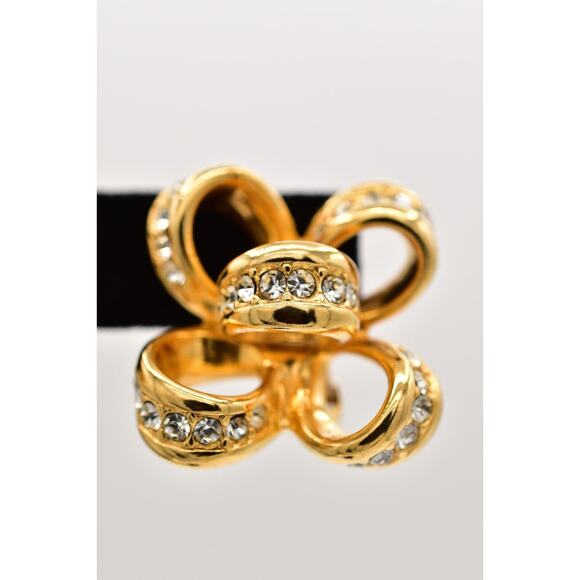 KJL Vintage Crystal Bow Clip Earrings Knot Gold Tone Chunky Signed 1990s BinBF - Picture 7 of 12